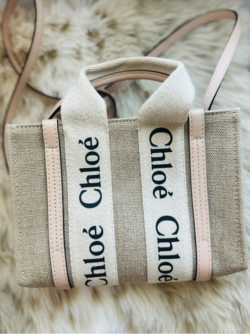 Chloé Beige Canvas Tote with Light Pink Trim and Logo Straps
